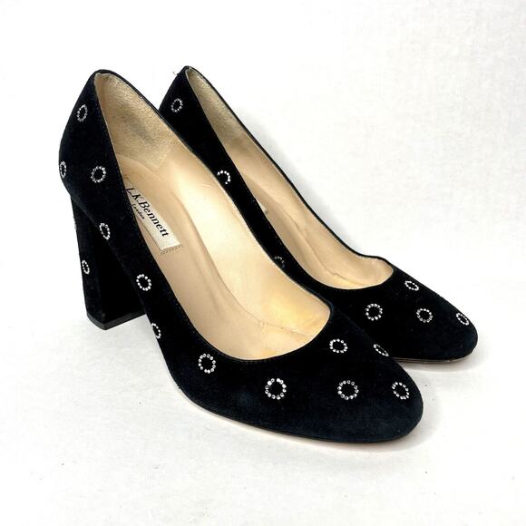 Black Suede Block Heel Pumps Size 6.5 | Retro Mod Polka Dot Party Shoes Sparkly - Picture 1 of 11